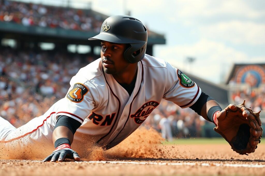 Baseball player sliding into base during 2028 Olympics competition