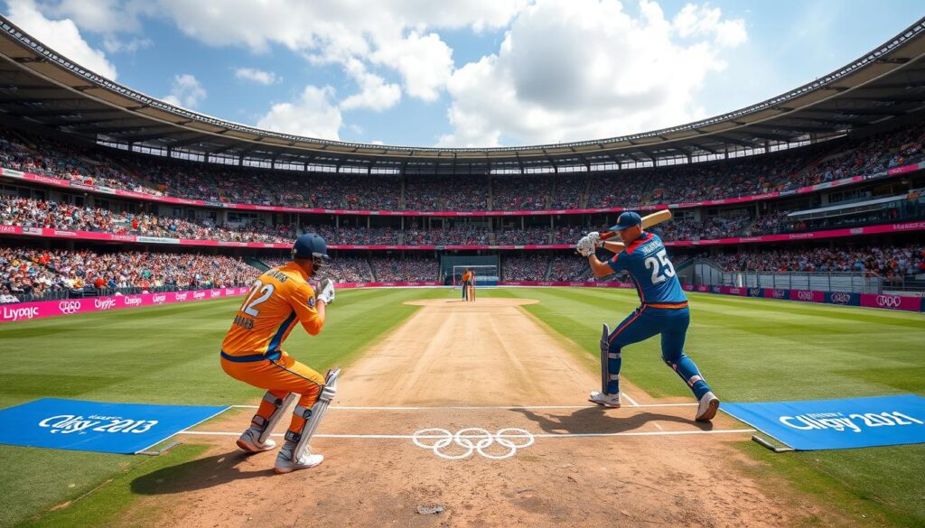 Cricket T20 format match with players in action at 2028 Olympics