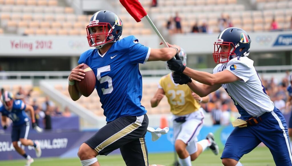 Flag football players competing in an international tournament with Olympic rings