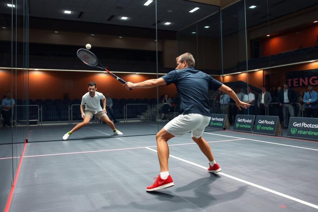 Professional squash players competing on a glass court for Olympic qualification